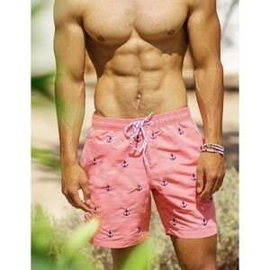 MAAMAGIC Mens Coral Anchor Print Nautical Lined Swim Trunks Board Short Size M
